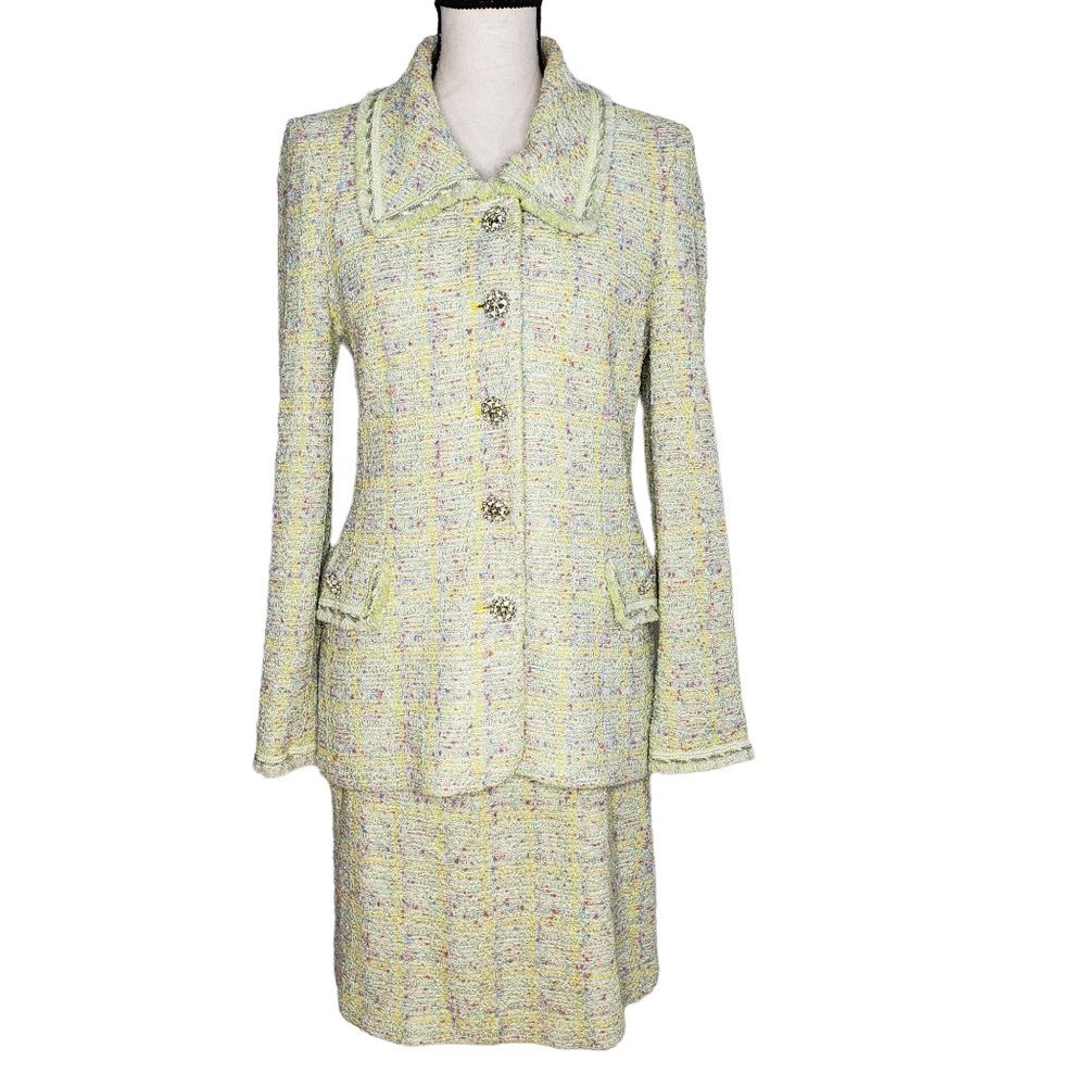 St John Couture Skirt Suit Size 4 Straight Skirt Jacket Pockets Yellow Plaid USA